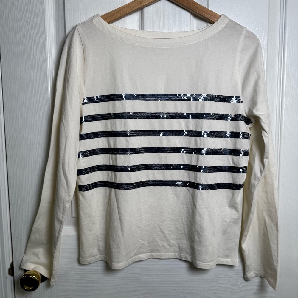 J.Crew Cream Long Sleeve Top With Navy Sequin Stripes XS NWT
